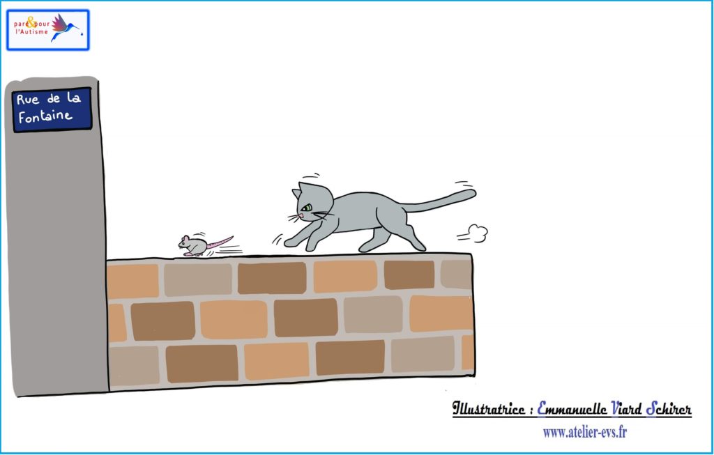 Dessin 7 le chat court après le rat dans une rue, sur un mur