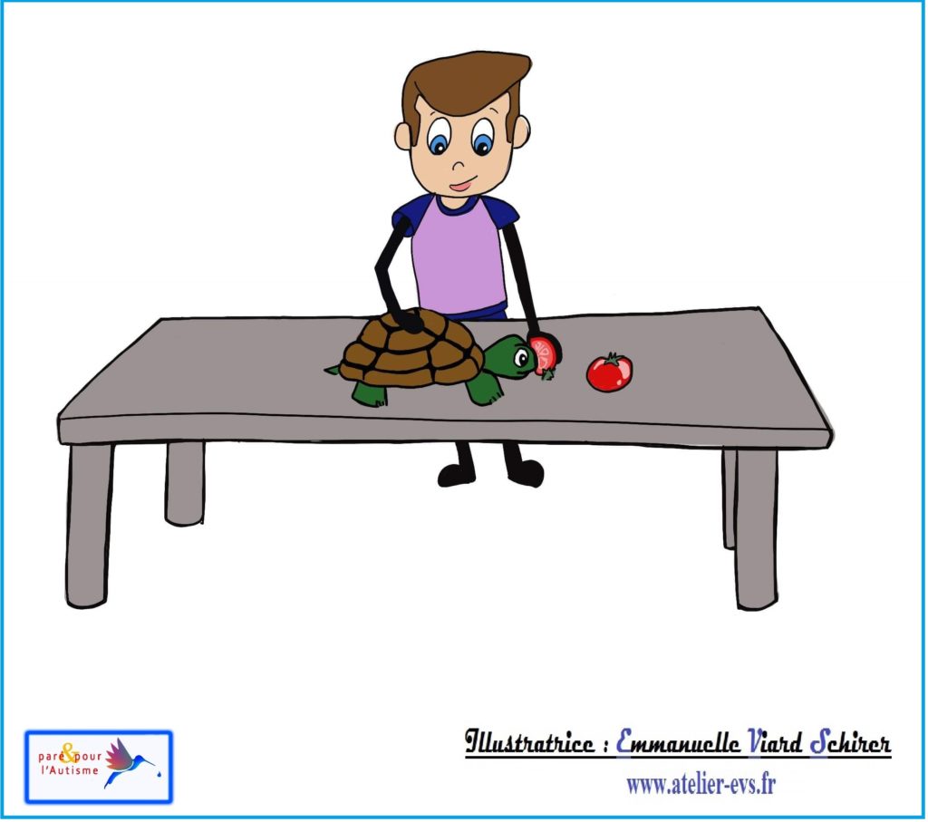 Sami donne de la tomate à la tortue