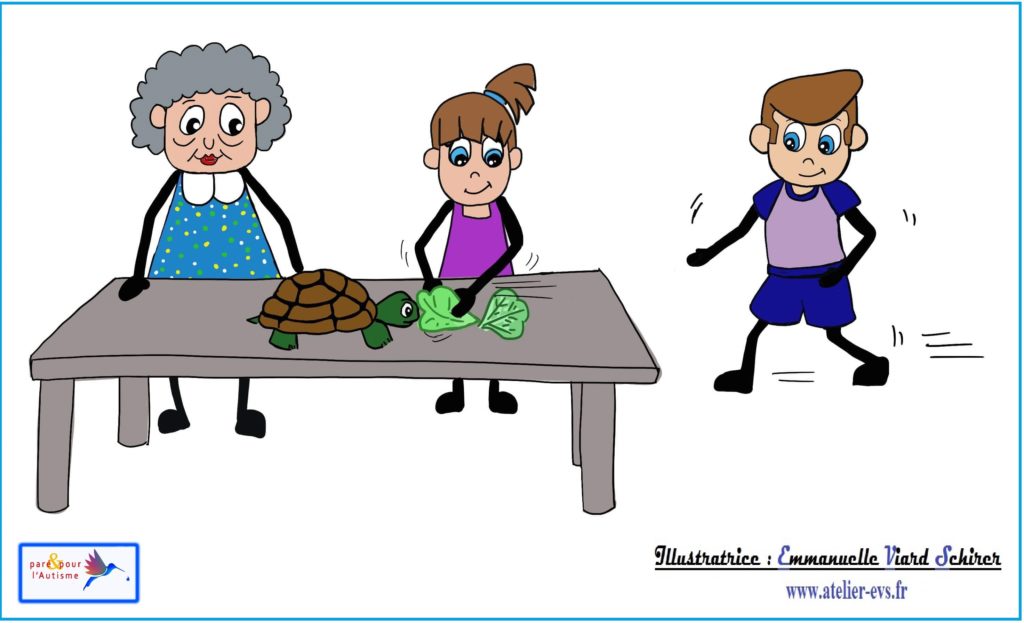 Sami arrive et voit la tortue manger de la salade avec Lola et mamie
