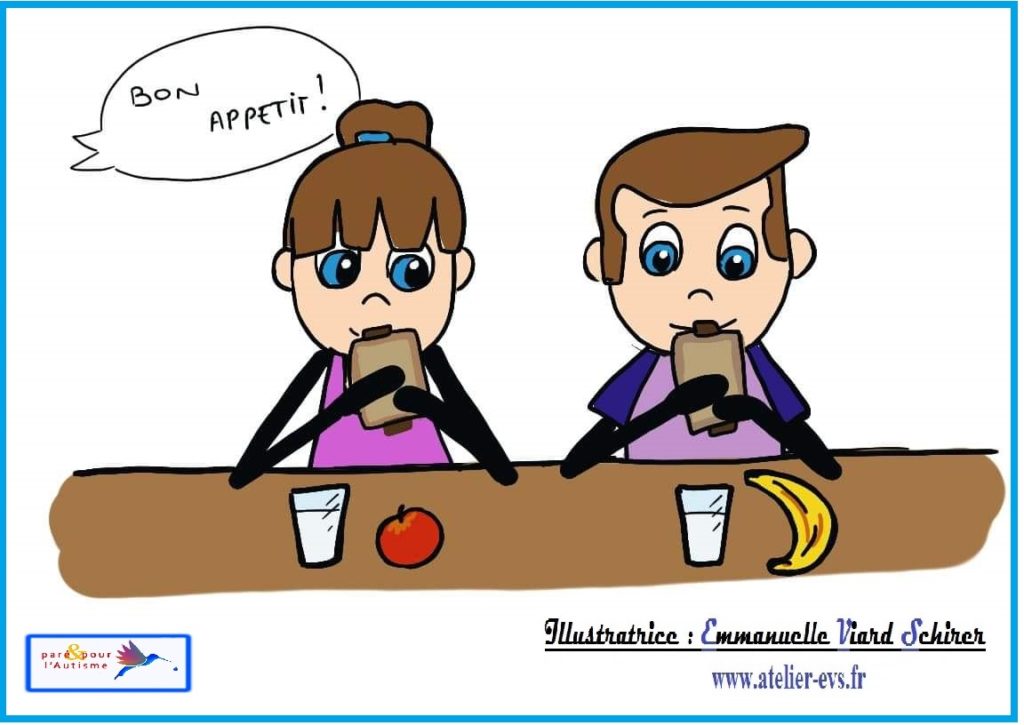 Sami et Lola mangent le goûter et les parents leur souhaitent un bon appétit