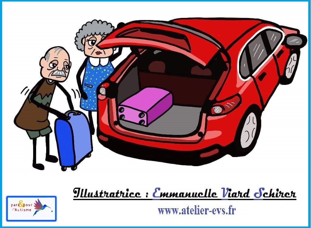Papy et mamie chargent les valises dans le coffre de la voiture