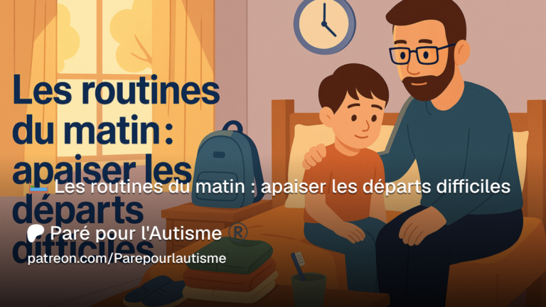 Illustration représentant un parent accompagnant un enfant autiste lors de la routine du matin afin de favoriser un départ serein vers l'école grâce à des habitudes structurées et prévisibles