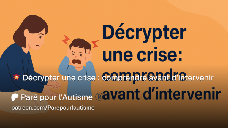 Illustration représentant un enfant autiste en situation de crise accompagné d'un adulte, soulignant l'importance de comprendre les causes d'une crise avant d'intervenir