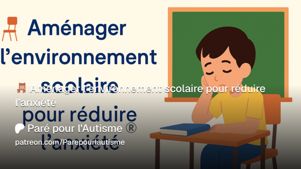 Illustration d'un élève autiste dans une salle de classe calme, mettant en évidence l'importance d'aménager l'environnement scolaire pour réduire l'anxiété et favoriser les apprentissages.