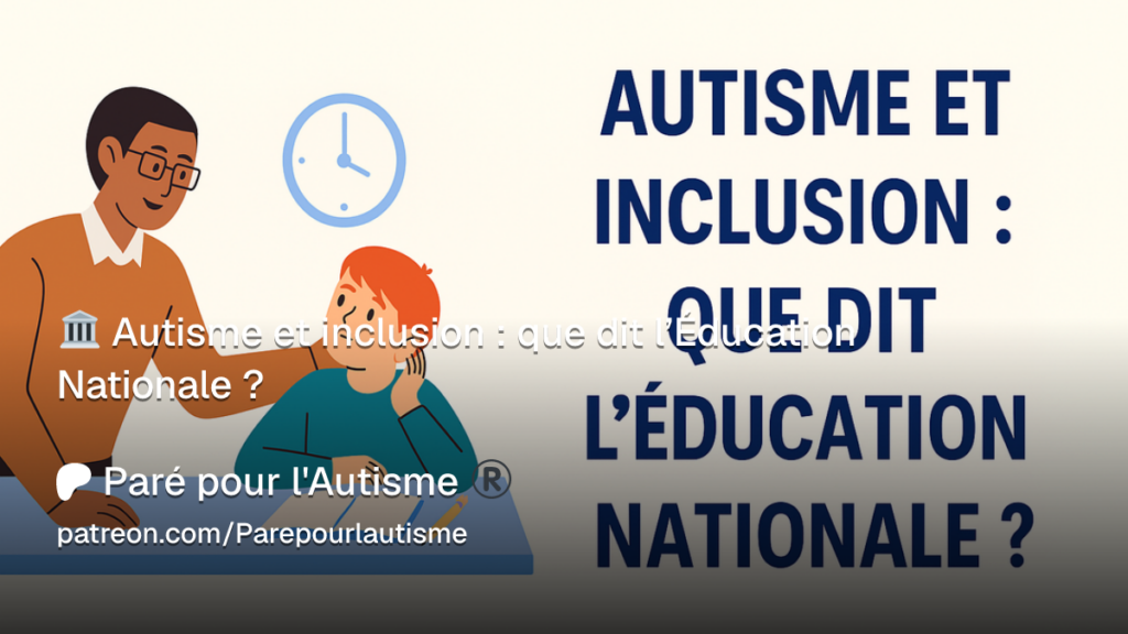 Illustration d'un enseignant accompagnant un élève autiste en classe, évoquant les droits à l'inclusion scolaire et les obligations de l'Éducation nationale.