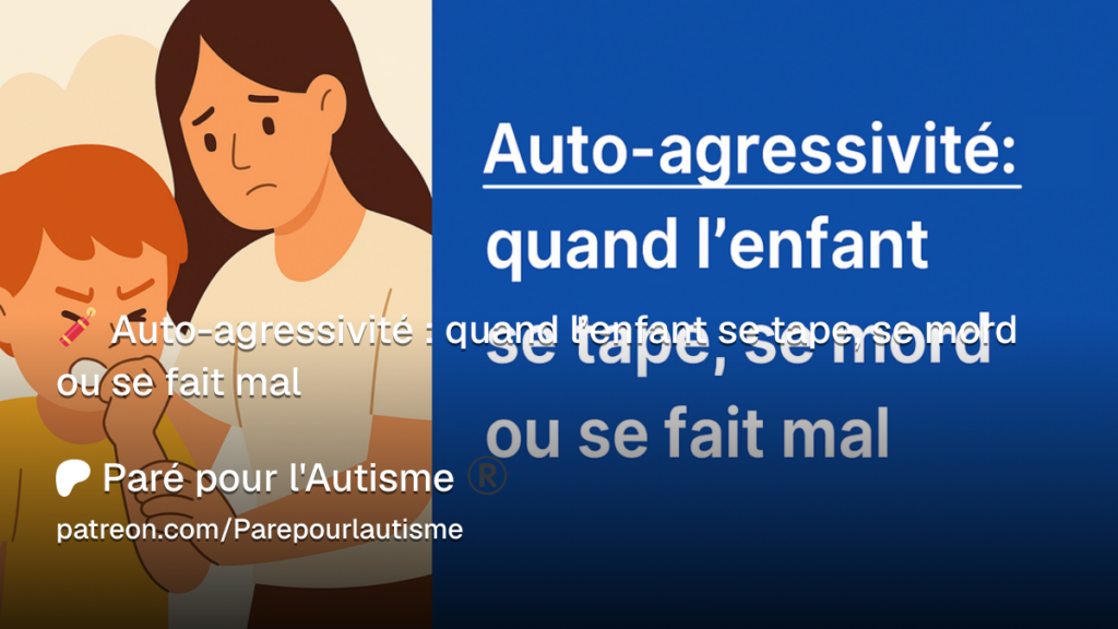 Illustration représentant un enfant autiste présentant des comportements d'auto-agressivité sous le regard inquiet d'un adulte, afin d'expliquer les causes possibles de ces comportements et les stratégies d'accompagnement adaptées