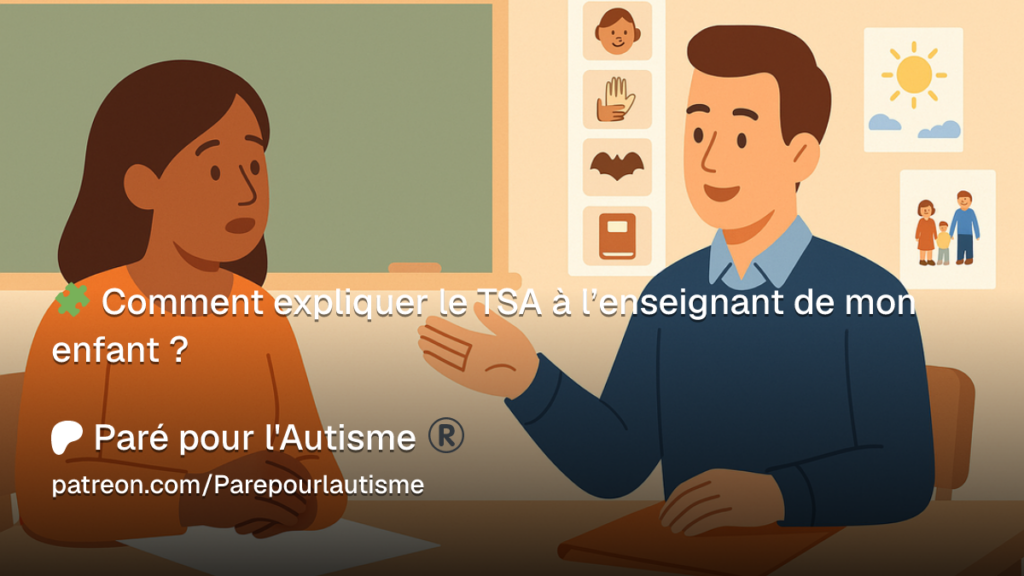Illustration d'un parent échangeant avec un enseignant afin d'expliquer le trouble du spectre de l'autisme (TSA) de son enfant et les adaptations nécessaires à sa scolarité.