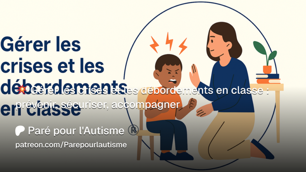 Illustration d'un enseignant accompagnant calmement un élève autiste en situation de crise en classe, afin de prévenir les débordements, assurer la sécurité et favoriser le retour au calme.