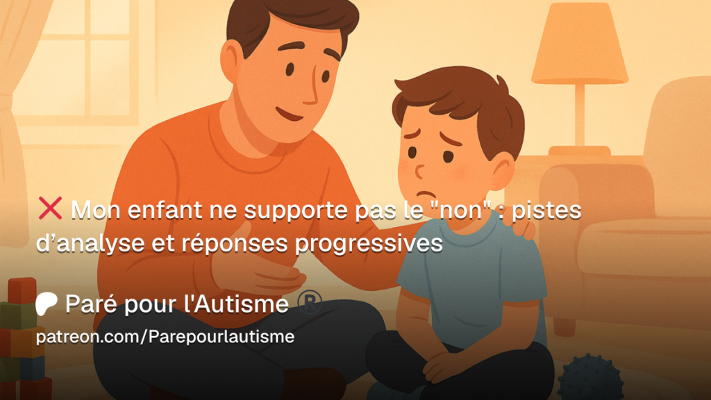 Illustration représentant un adulte accompagnant un enfant autiste contrarié afin d'expliquer pourquoi certains enfants semblent ne pas supporter la frustration ou le refus et comment y répondre de manière adaptée