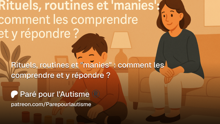 Illustration représentant un enfant autiste réalisant un rituel sous le regard d'un adulte, expliquant comment comprendre les routines, rituels et comportements répétitifs dans l'autisme.