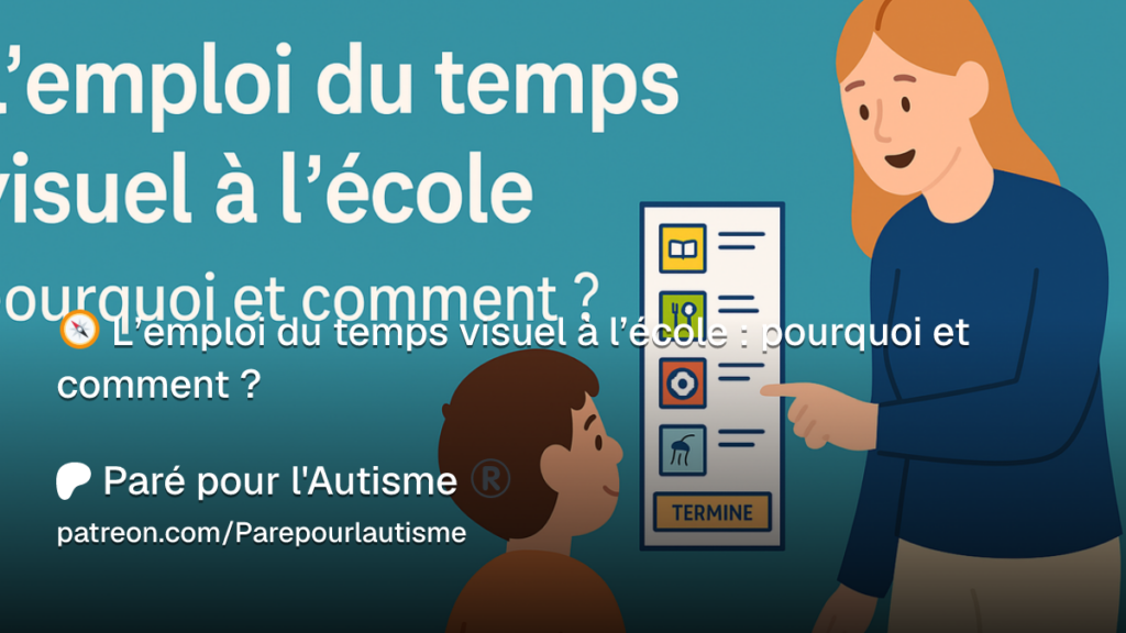 Illustration d'un enseignant présentant un emploi du temps visuel à un élève autiste afin de structurer sa journée et favoriser son autonomie à l'école.