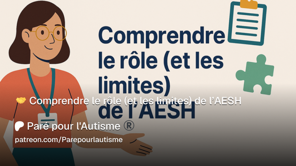 Illustration d'une AESH présentant son rôle auprès d'un élève autiste, afin d'expliquer ses missions, ses limites et sa place dans l'accompagnement scolaire.