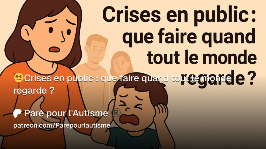 Illustration représentant un enfant autiste en situation de crise dans un lieu public accompagné d'un adulte, mettant en évidence les difficultés liées au regard des autres et les stratégies d'intervention adaptées
