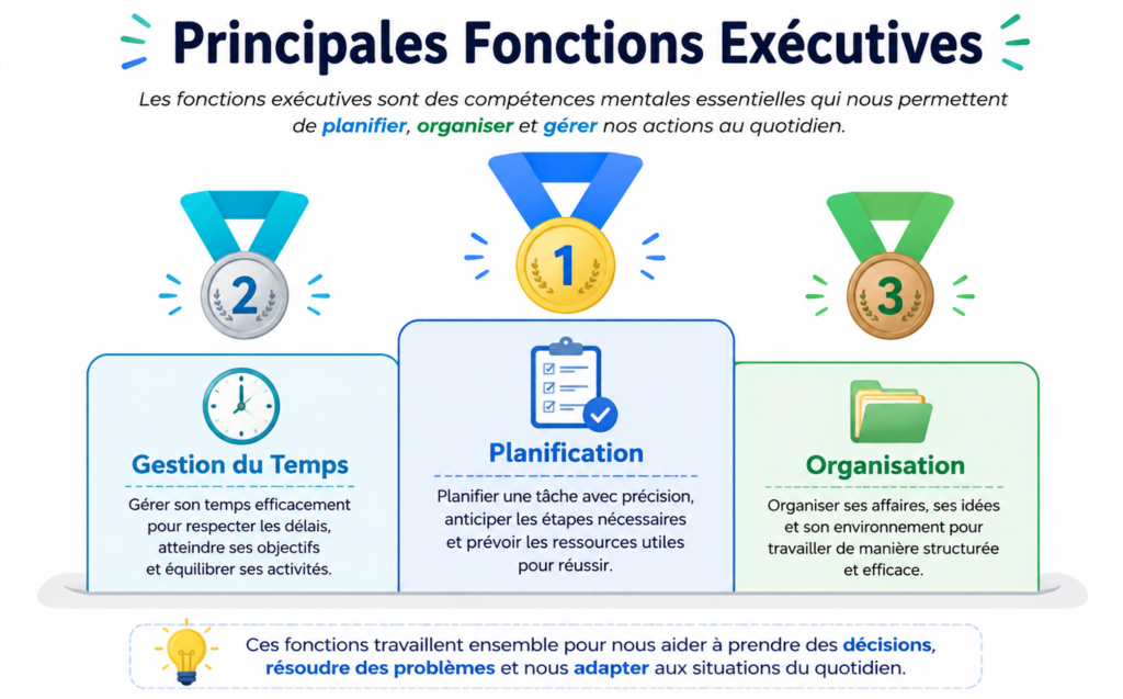 Infographie présentant trois fonctions exécutives essentielles : la planification, la gestion du temps et l’organisation. Ces compétences cognitives permettent d’organiser ses actions, atteindre ses objectifs et s’adapter aux exigences du quotidien.