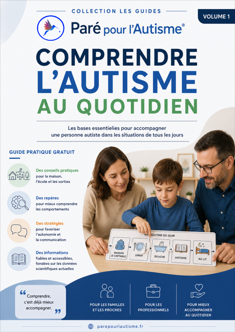 Couverture du guide pratique gratuit Paré pour l'Autisme® intitulé « Comprendre l'autisme au quotidien ». Une famille accompagne un enfant à l'aide d'un emploi du temps visuel illustrant la routine du soir. Le guide présente des conseils pratiques pour la maison, l'école et les sorties, des repères pour comprendre les comportements ainsi que des stratégies favorisant l'autonomie et la communication.