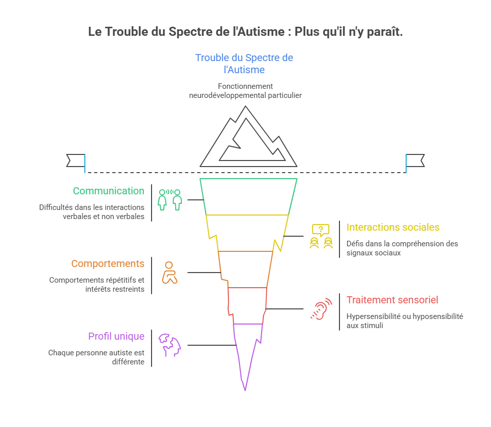 Synthèse visuelle présentant les principales dimensions du Trouble du Spectre de l'Autisme (TSA).