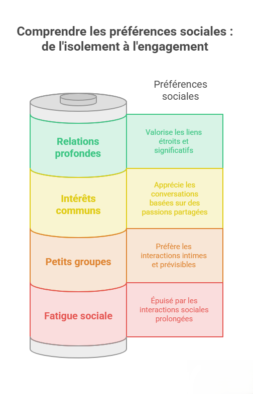 Infographie illustrant les préférences sociales fréquemment observées chez certaines personnes autistes : recherche de relations profondes, centres d'intérêt communs, préférence pour les petits groupes et fatigue après des interactions sociales prolongées