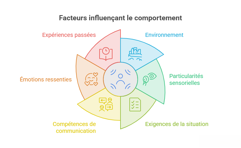 Infographie présentant les principaux facteurs influençant les comportements chez les personnes autistes : environnement, particularités sensorielles, exigences de la situation, compétences de communication, émotions ressenties et expériences passées