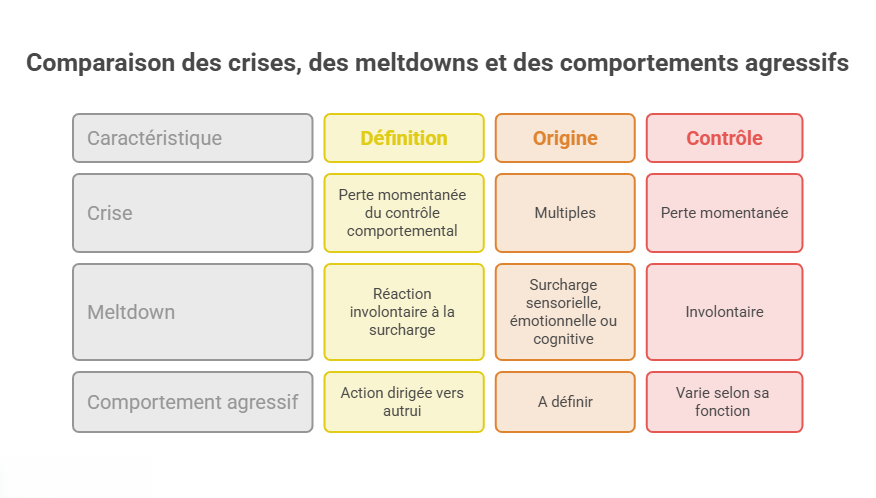 Tableau comparatif distinguant les crises, les meltdowns et les comportements agressifs chez les personnes autistes selon leur définition, leur origine et le degré de contrôle exercé sur le comportement