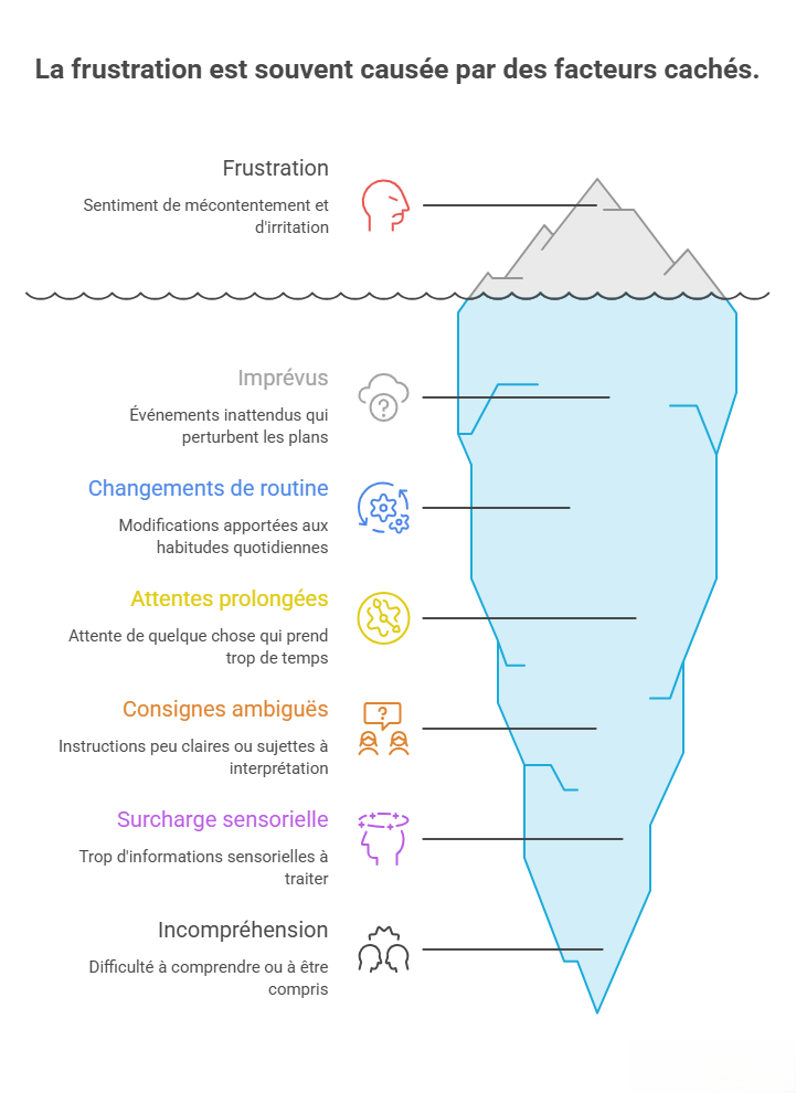 Infographie en forme d'iceberg illustrant les principaux facteurs cachés pouvant être à l'origine de la frustration chez une personne autiste : imprévus, changements de routine, attentes prolongées, consignes ambiguës, surcharge sensorielle et incompréhension