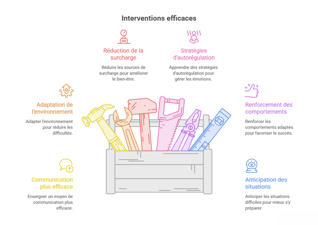 Infographie présentant plusieurs stratégies d'intervention recommandées pour accompagner les comportements défis chez les personnes autistes : adaptation de l'environnement, communication efficace, réduction de la surcharge, autorégulation, renforcement des comportements adaptés et anticipation des situations difficiles