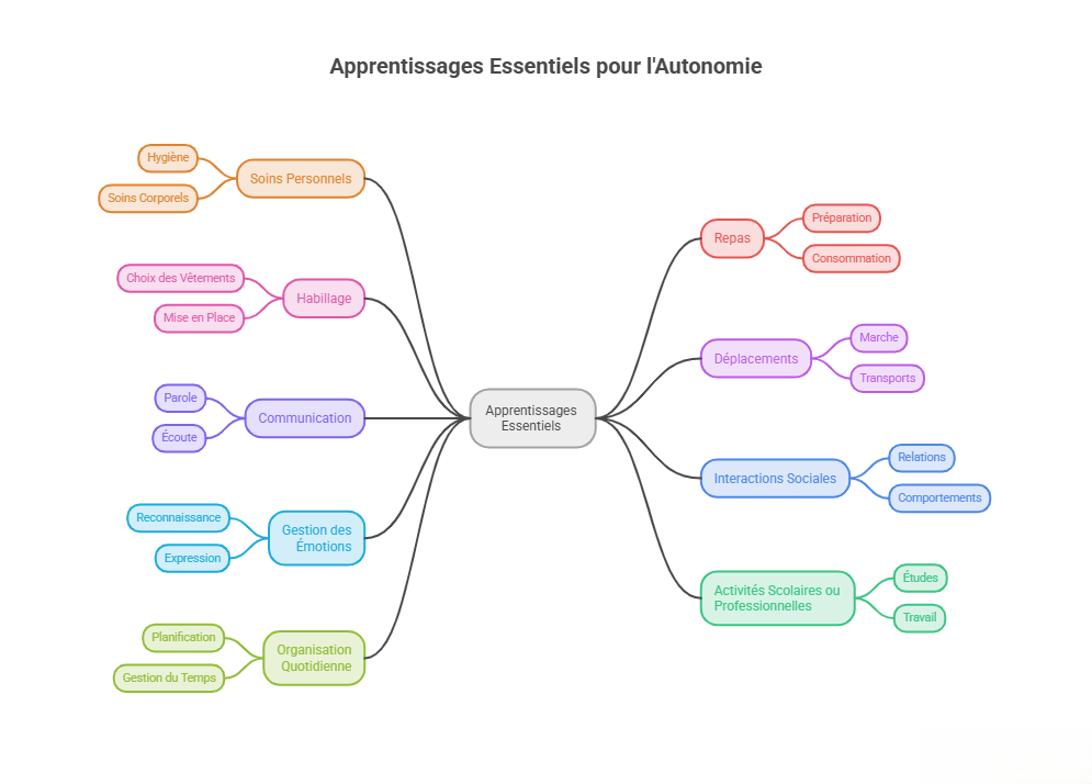 Carte mentale présentant les apprentissages essentiels pour développer l'autonomie d'une personne autiste : soins personnels, habillage, communication, gestion des émotions, organisation quotidienne, repas, déplacements, interactions sociales et activités scolaires ou professionnelles.