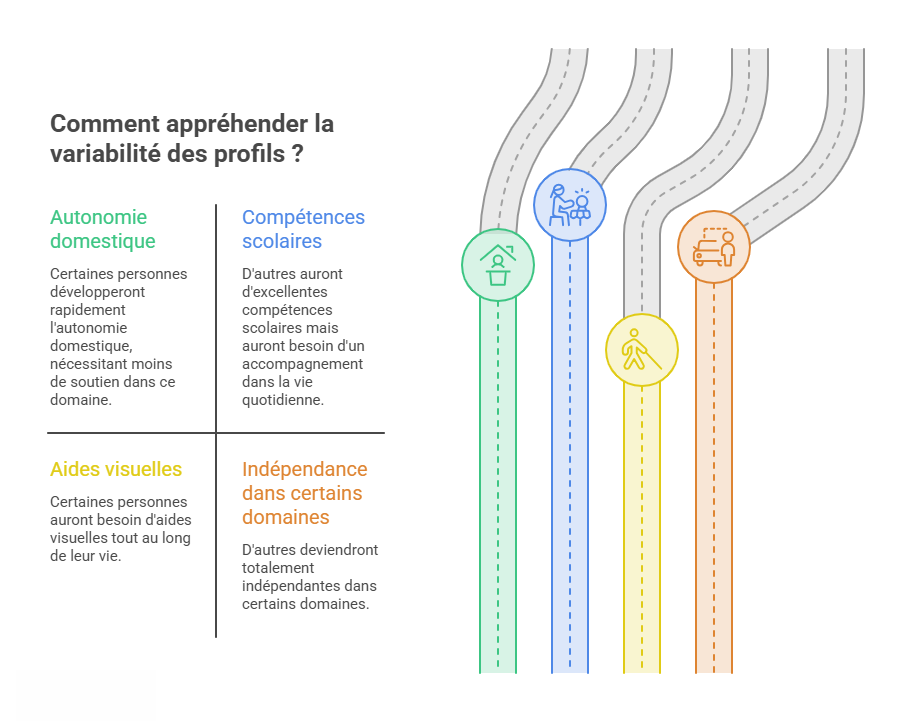 Infographie illustrant la variabilité des profils dans l'autisme, montrant que chaque personne peut développer des compétences différentes en autonomie domestique, apprentissages scolaires, utilisation d'aides visuelles et indépendance selon les domaines de vie.