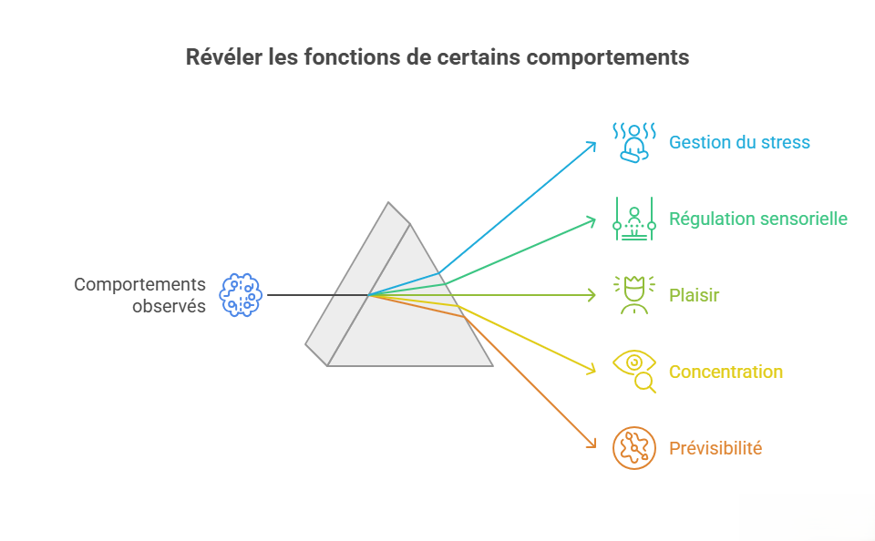 Schéma illustrant les différentes fonctions possibles de certains comportements dans l’autisme : gestion du stress, régulation sensorielle, plaisir, concentration et recherche de prévisibilité.