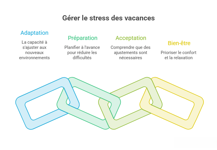 Infographie illustrant quatre principes pour réduire le stress des vacances chez les personnes autistes : adaptation, préparation, acceptation des ajustements et bien-être.