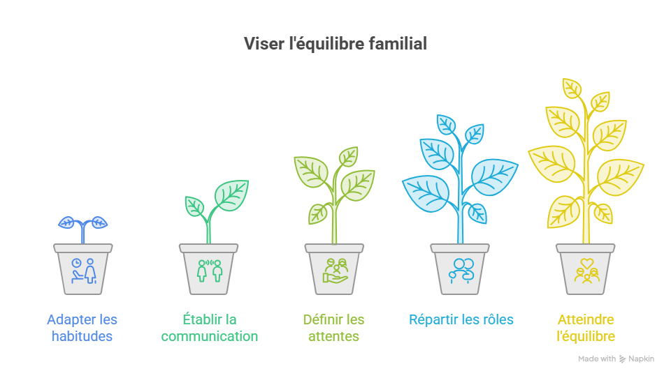 Infographie illustrant cinq étapes pour favoriser l'équilibre familial avec une personne autiste : adapter les habitudes, améliorer la communication, définir les attentes, répartir les rôles et préserver le bien-être de toute la famille.
