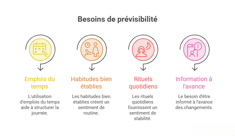 Infographie illustrant le besoin de prévisibilité dans l’autisme à travers quatre éléments : les emplois du temps, les habitudes établies, les rituels quotidiens et l’information préalable sur les changements.