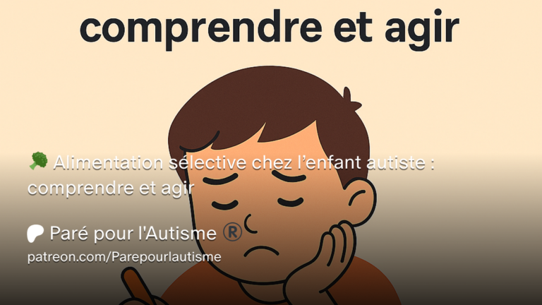 Illustration d'un enfant autiste présentant une alimentation sélective avec le titre « Comprendre et agir » pour accompagner les difficultés alimentaires liées au TSA