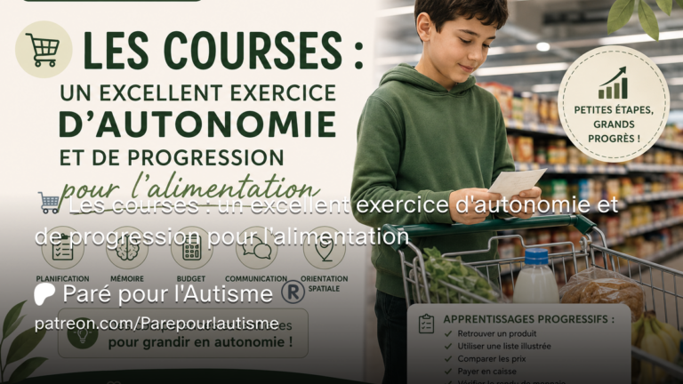 Enfant autiste faisant les courses avec une liste illustrée dans un supermarché : développer l'autonomie, la planification et les compétences alimentaires.