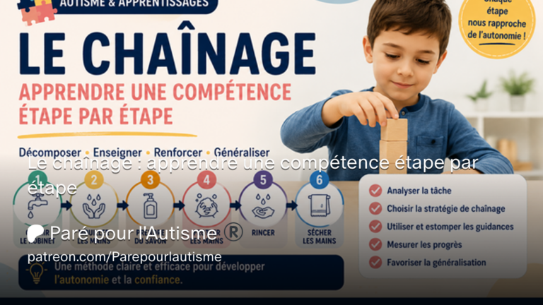 Illustration pédagogique sur le chaînage montrant un enfant réalisant une activité étape par étape, avec l’exemple du lavage des mains décomposé en six actions successives. La vignette présente le chaînage comme une méthode permettant de décomposer, enseigner et renforcer progressivement une compétence afin de favoriser l’autonomie.