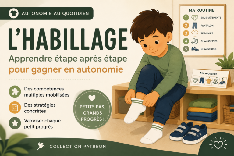 Illustration d'un enfant apprenant à s'habiller avec une routine visuelle favorisant l'autonomie chez les personnes autistes, étape par étape