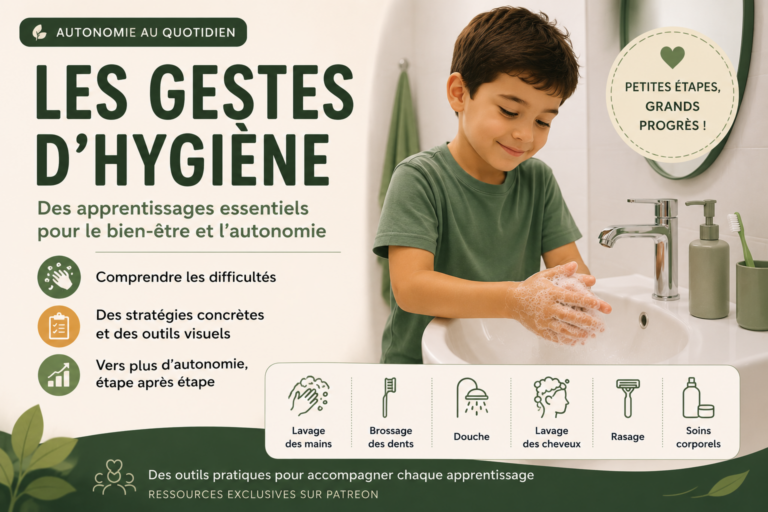 Illustration d'un enfant apprenant les gestes d'hygiène avec des supports visuels pour développer l'autonomie dans l'autisme : lavage des mains, dents, douche et soins