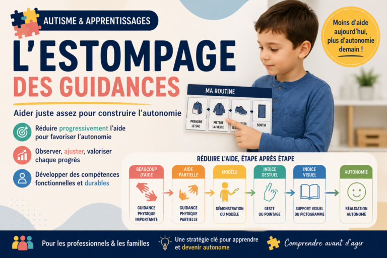 Infographie sur l’estompage des guidances montrant un enfant utilisant un support visuel et la réduction progressive des aides, de la guidance physique jusqu’à la réalisation autonome.