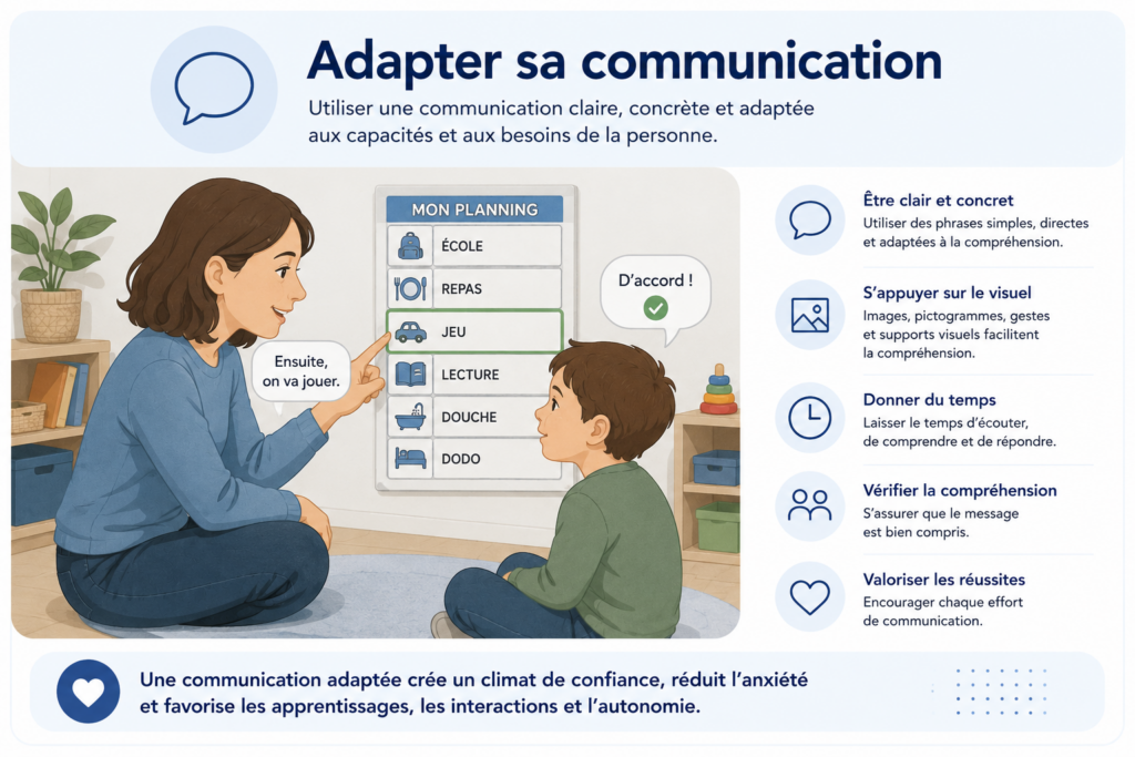 Illustration d'un professionnel utilisant un planning visuel et une communication simple pour accompagner un enfant autiste et favoriser sa compréhension.