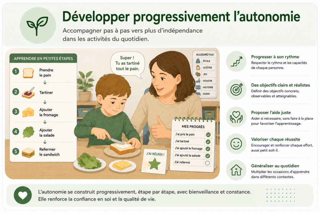 Illustration d'un professionnel accompagnant un enfant autiste dans l'apprentissage progressif de l'autonomie grâce au découpage des tâches, aux supports visuels et au renforcement positif.