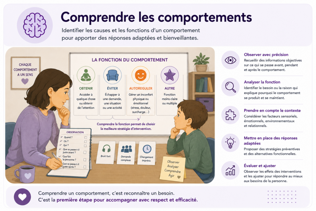 Illustration d'un professionnel analysant les fonctions d'un comportement chez un enfant autiste afin d'identifier ses besoins et mettre en place un accompagnement adapté.
