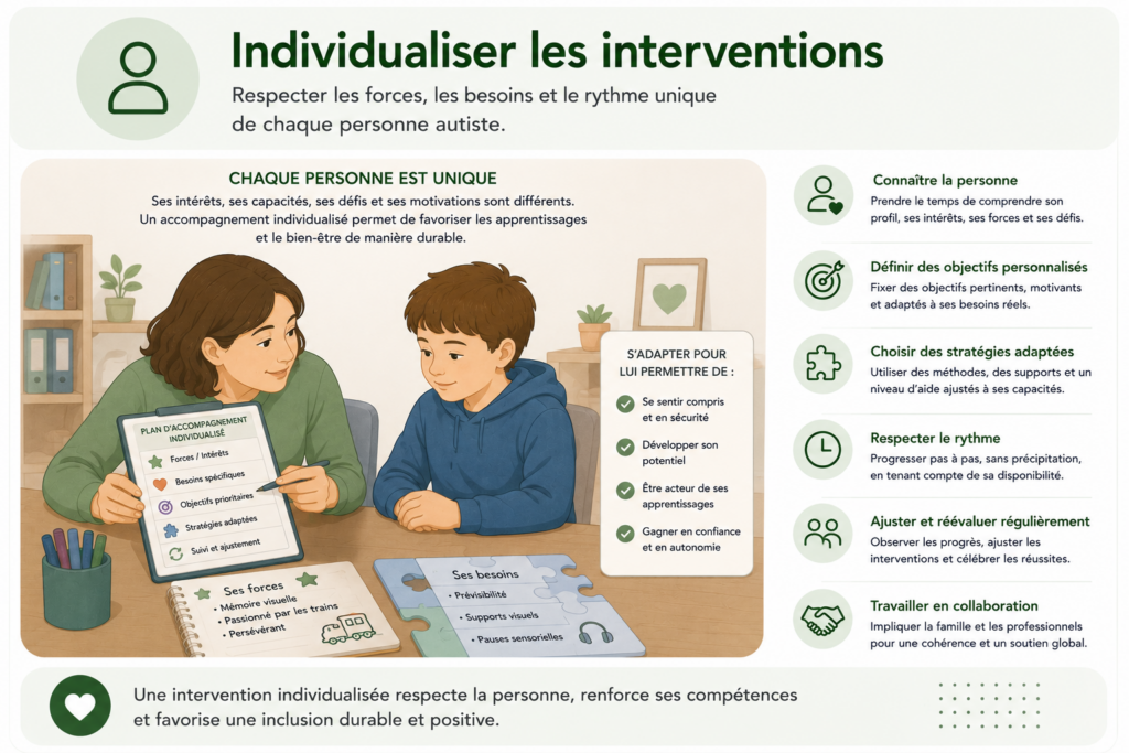 Illustration d'un professionnel construisant un accompagnement individualisé avec un enfant autiste en s'appuyant sur ses forces, ses besoins et des objectifs personnalisés.
