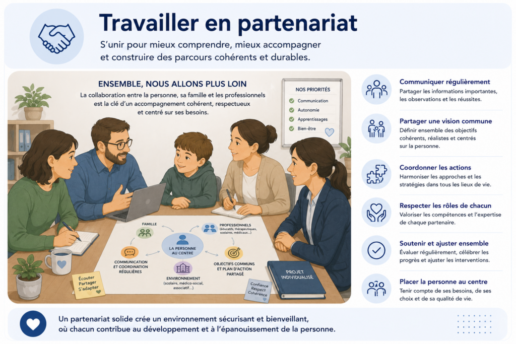Illustration d'une réunion entre une famille, des professionnels et un enfant autiste afin de coordonner un accompagnement individualisé centré sur les besoins de la personne.