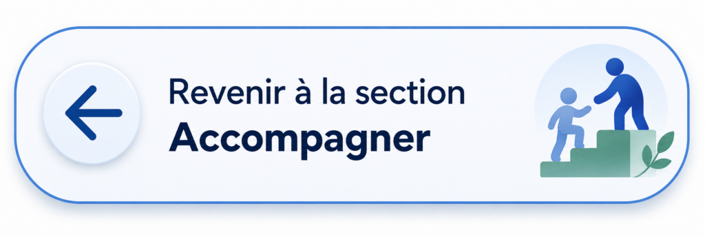 Bouton de navigation permettant de revenir à la section « Accompagner » du site Paré pour l'Autisme, illustré par une flèche de retour et une scène d'accompagnement