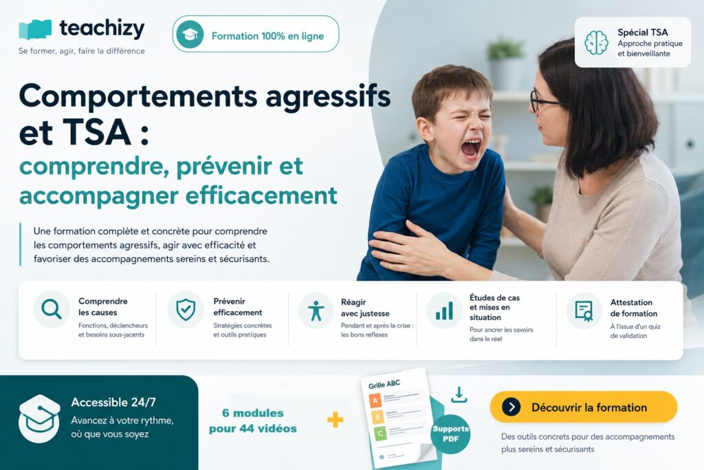 Formation en ligne Teachizy sur les comportements agressifs et le TSA : comprendre les causes, prévenir les crises et accompagner efficacement les personnes autistes