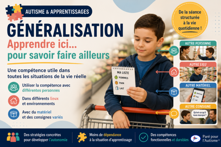 Infographie sur la généralisation des apprentissages montrant un enfant faisant des courses à partir d’une liste, avec des exemples de transfert d’une compétence vers d’autres personnes, lieux, matériels et consignes.