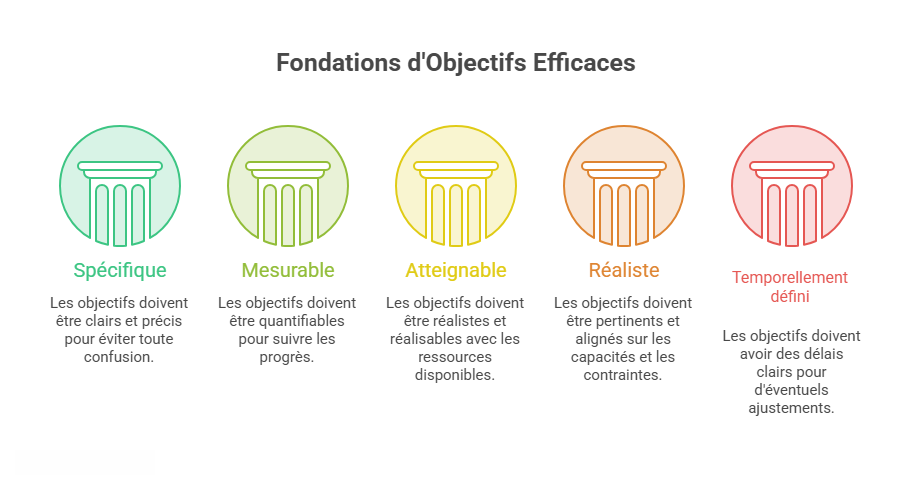 Schéma présentant la méthode SMART pour définir des objectifs efficaces : spécifiques, mesurables, atteignables, réalistes et temporellement définis