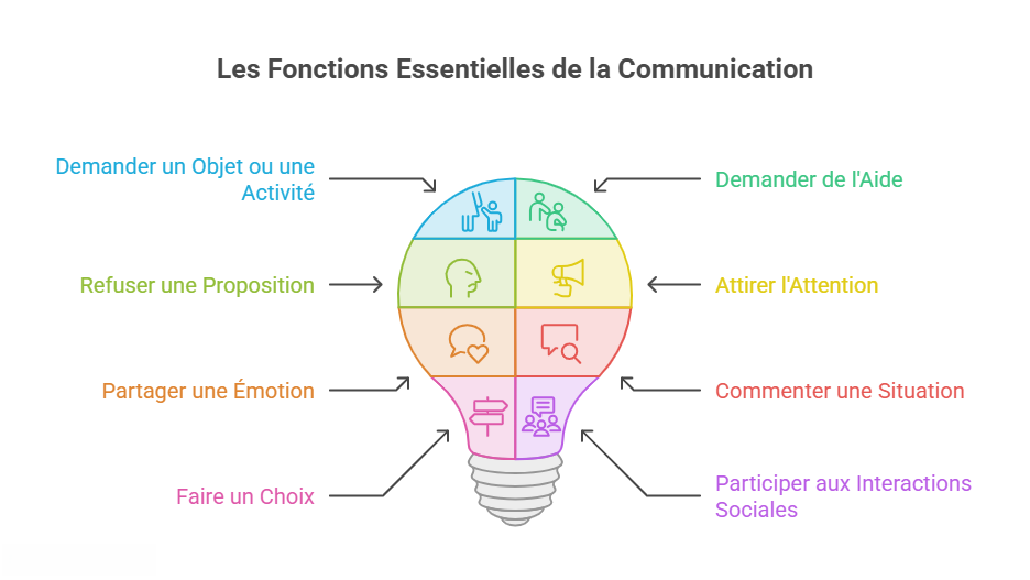 Schéma présentant les principales fonctions de la communication : demander, refuser, partager une émotion, faire un choix, attirer l'attention, commenter et interagir