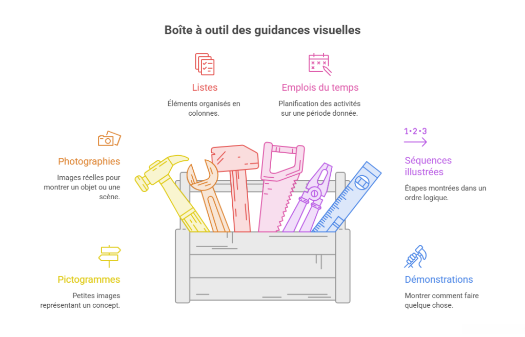 Schéma présentant différents outils de guidance visuelle : pictogrammes, photographies, listes, emplois du temps, séquences illustrées et démonstrations