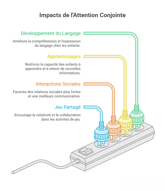 Schéma illustrant les bénéfices de l'attention conjointe sur le développement du langage, les apprentissages, les interactions sociales et le jeu partagé