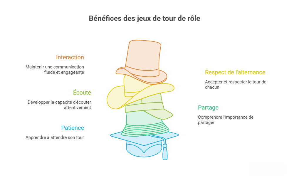 Schéma présentant les bénéfices des jeux de tour de rôle : interaction, écoute, patience, respect de l'alternance et partage